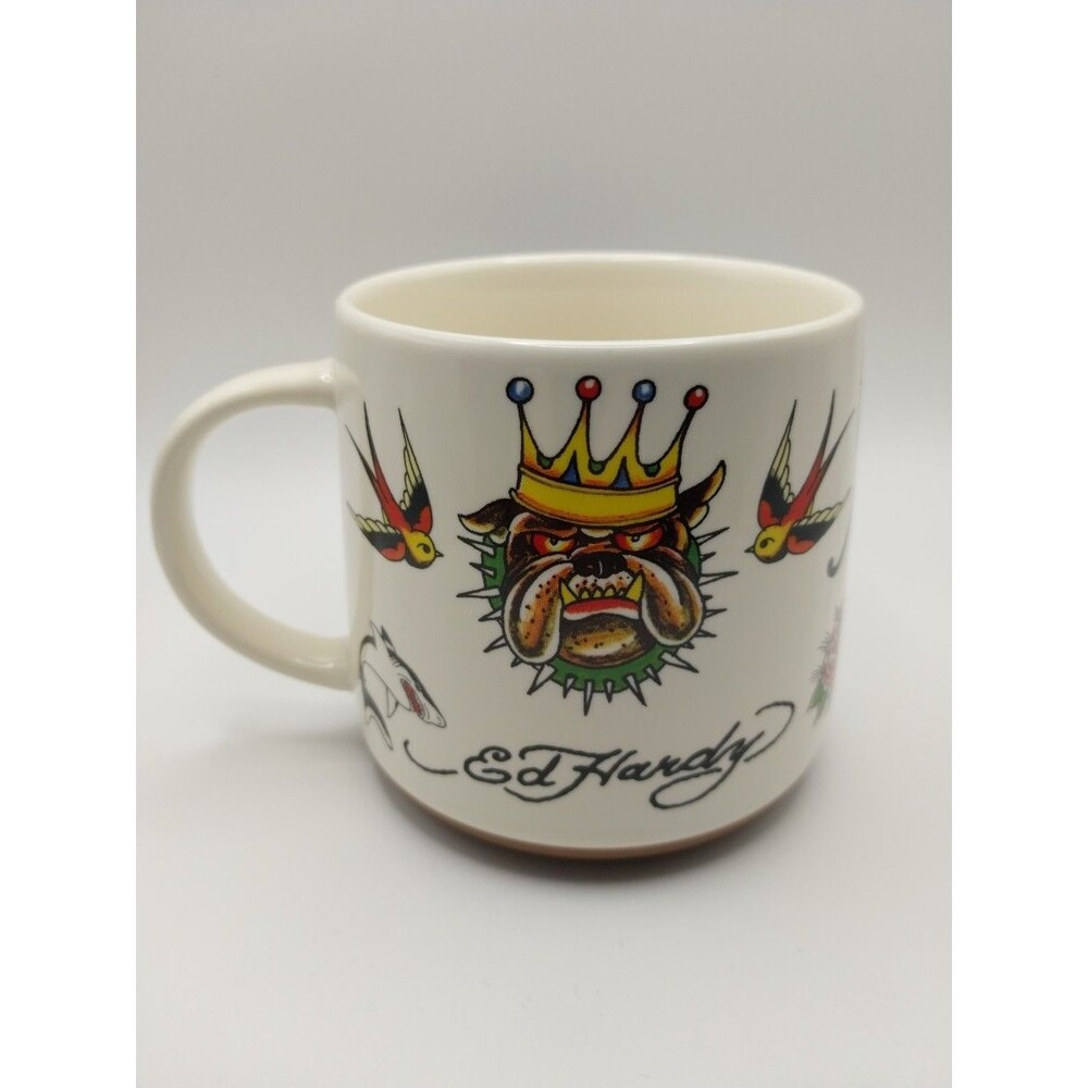 Ed Hardy Ceramic Mug White Tattoo Art Tiger and Swallows Design Microwave Safe